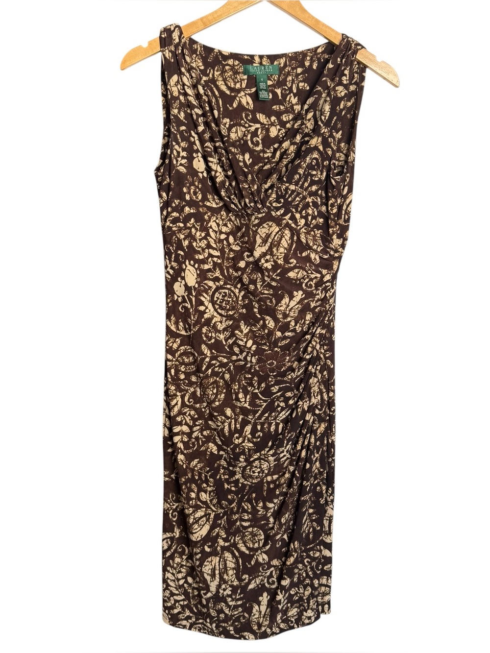 Lauren Ralph Lauren Sleeveless Cocktail Sheath Dress Size 4 Midi Ruched Brown - Picture 2 of 10